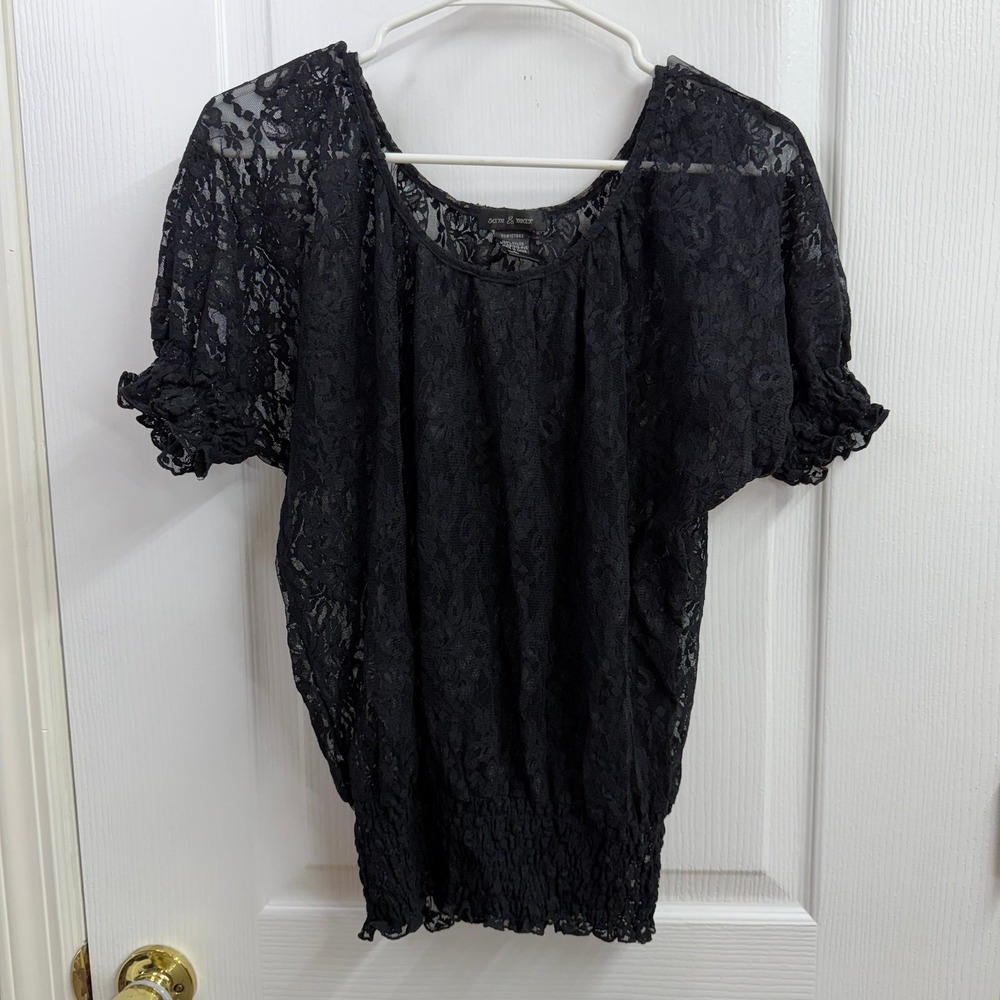 Sam & Max black lace floral smocked scoop neck sheer lightweight layer blouse XL